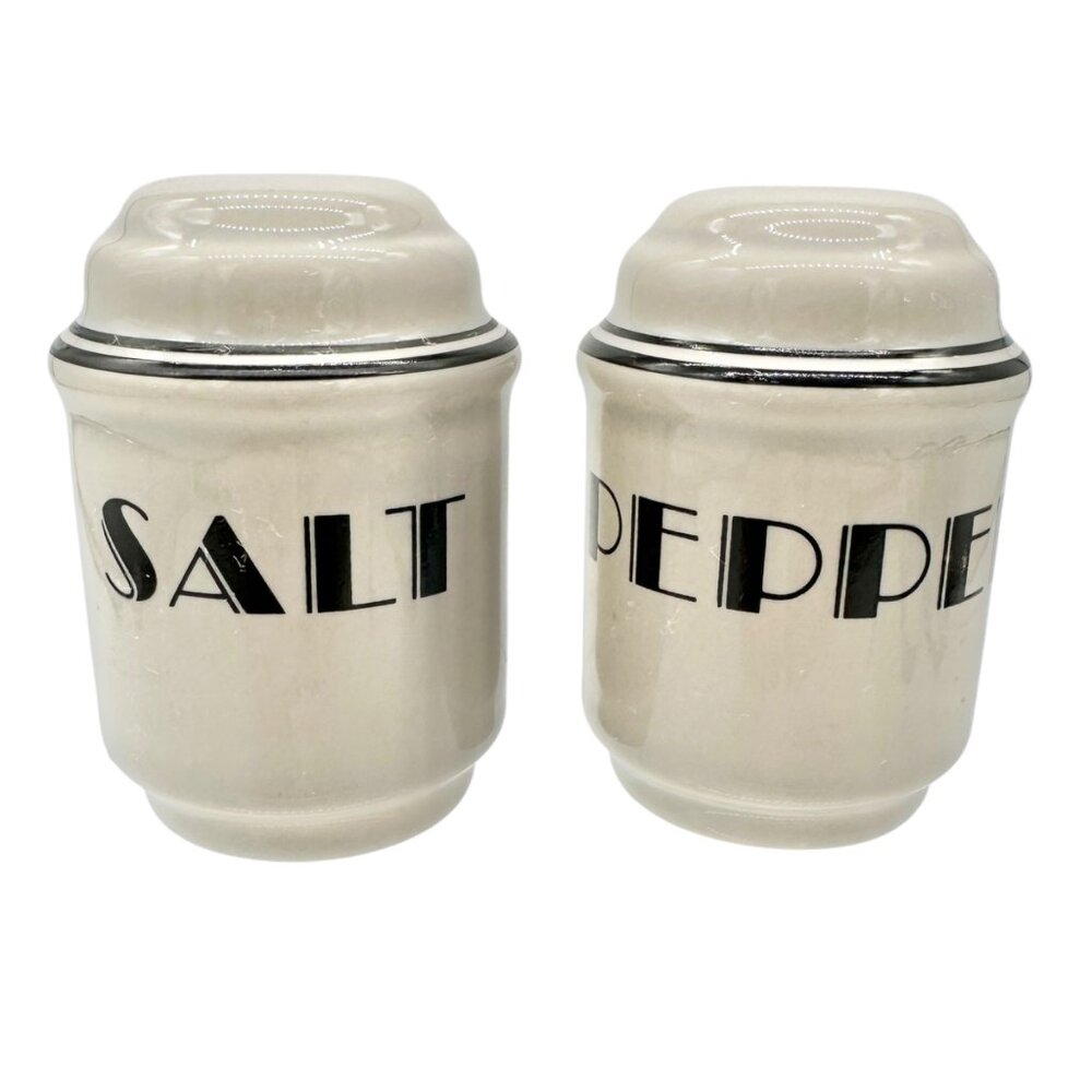 Vintage Art Deco Ceramic Salt and Pepper Shakers Gray w Black Stripes Lettering